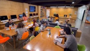 Students in a communal area at the Australian Pacific College and English Unlimited in Brisbane